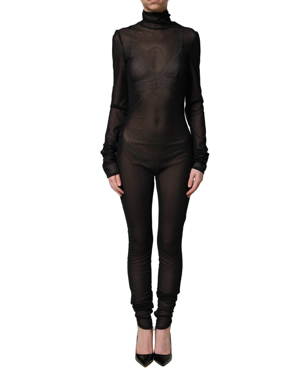 Dolce & Gabbana Black Nylon Sheer Turtleneck Jumpsuit Dress