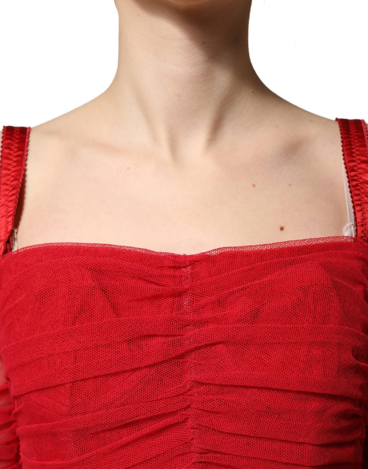 Dolce & Gabbana Red Cotton Ruched Stretch Tulle Midi Dress