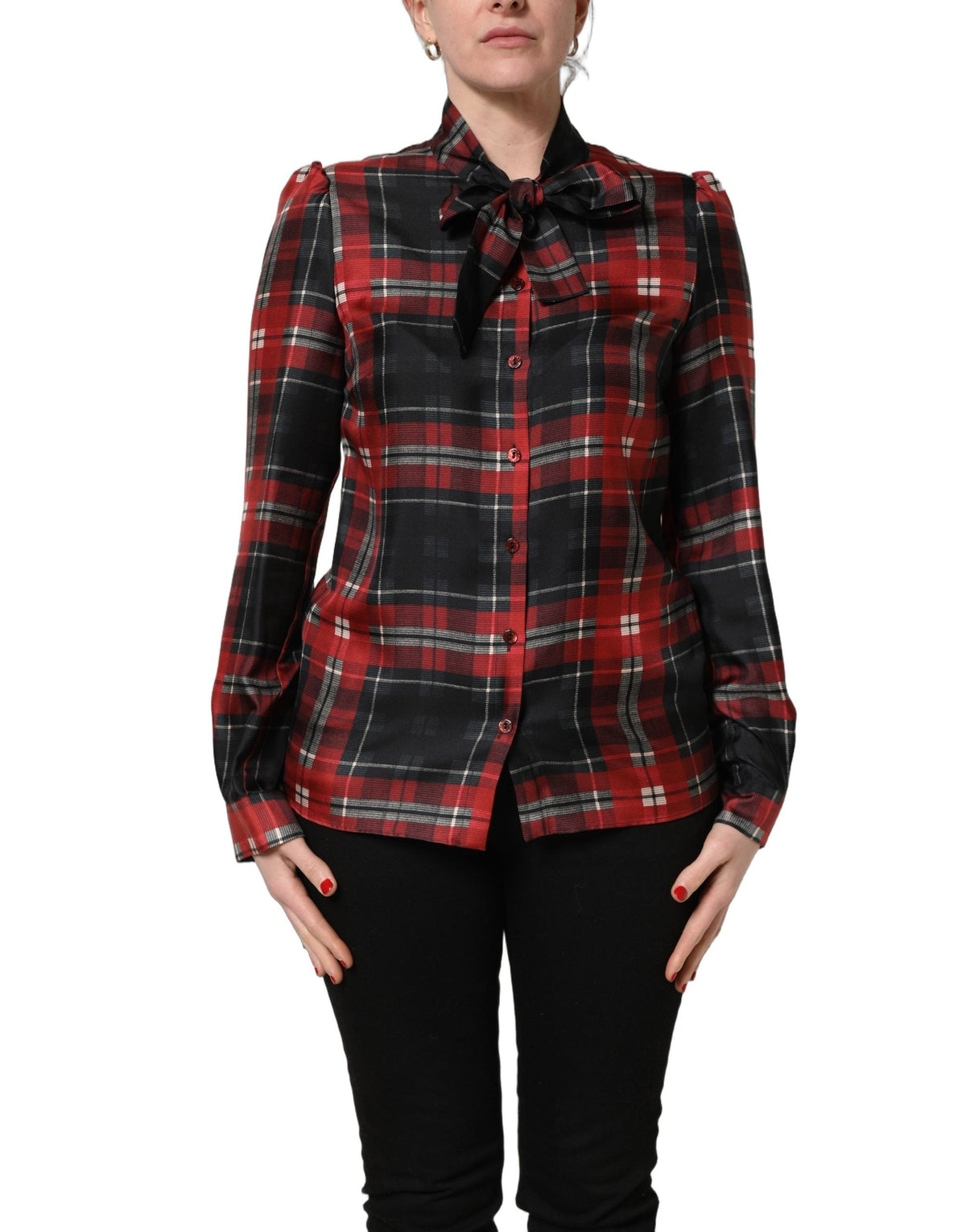 Dolce & Gabbana Red Black Plaid Silk Tie-Neck Blouse Top