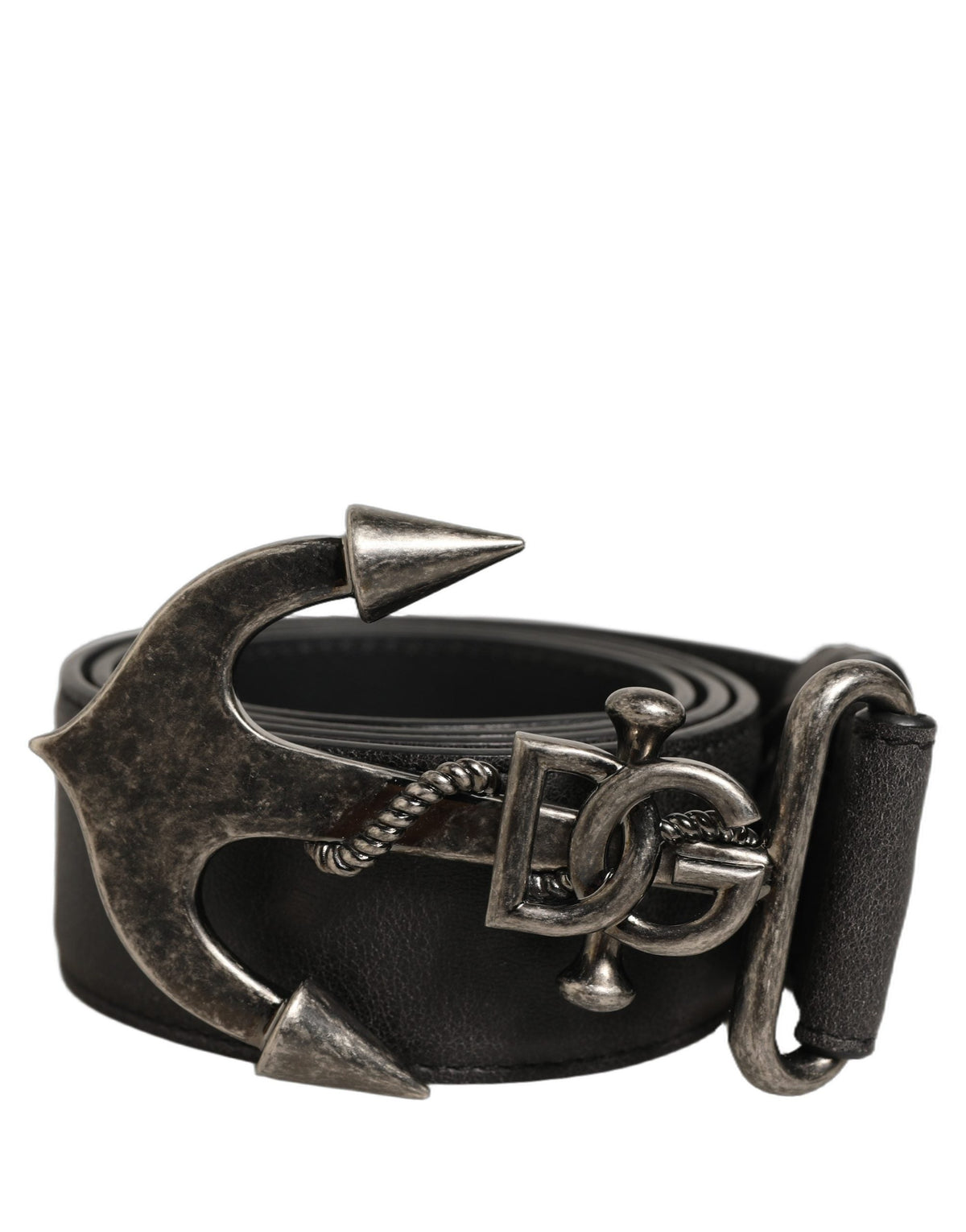 Dolce & Gabbana Black Leather Anchor Logo Metal Buckle Belt