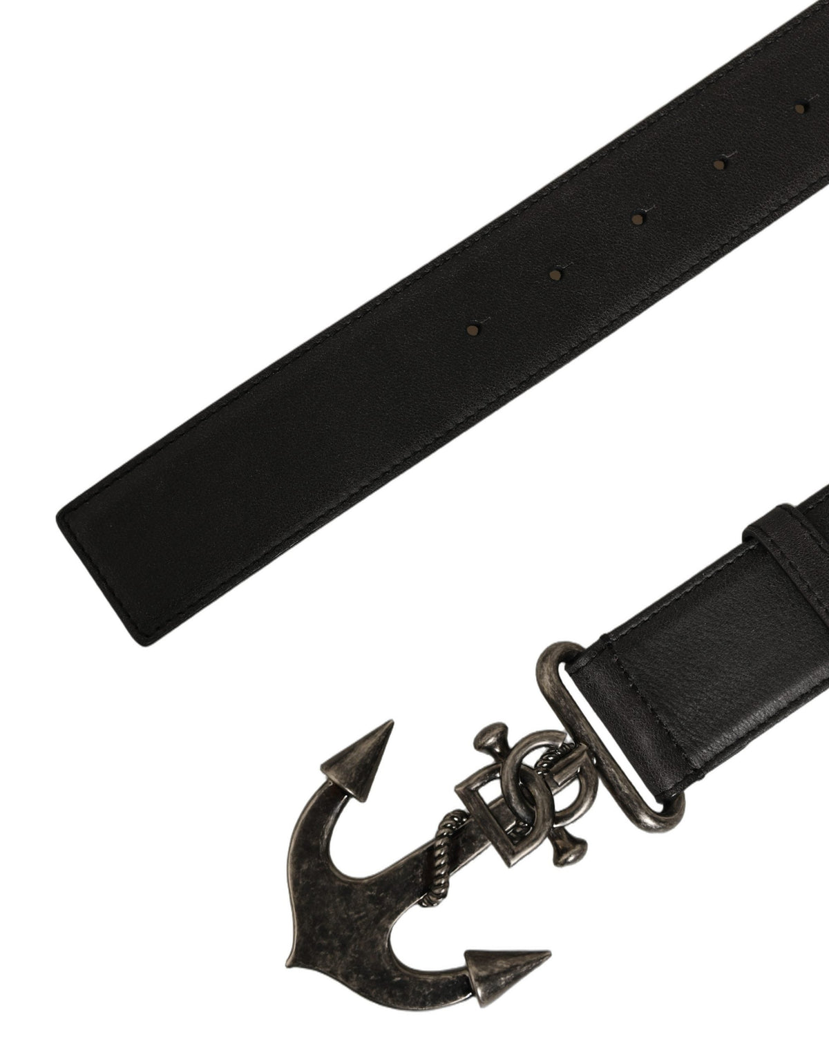 Dolce & Gabbana Black Leather Anchor Logo Metal Buckle Belt