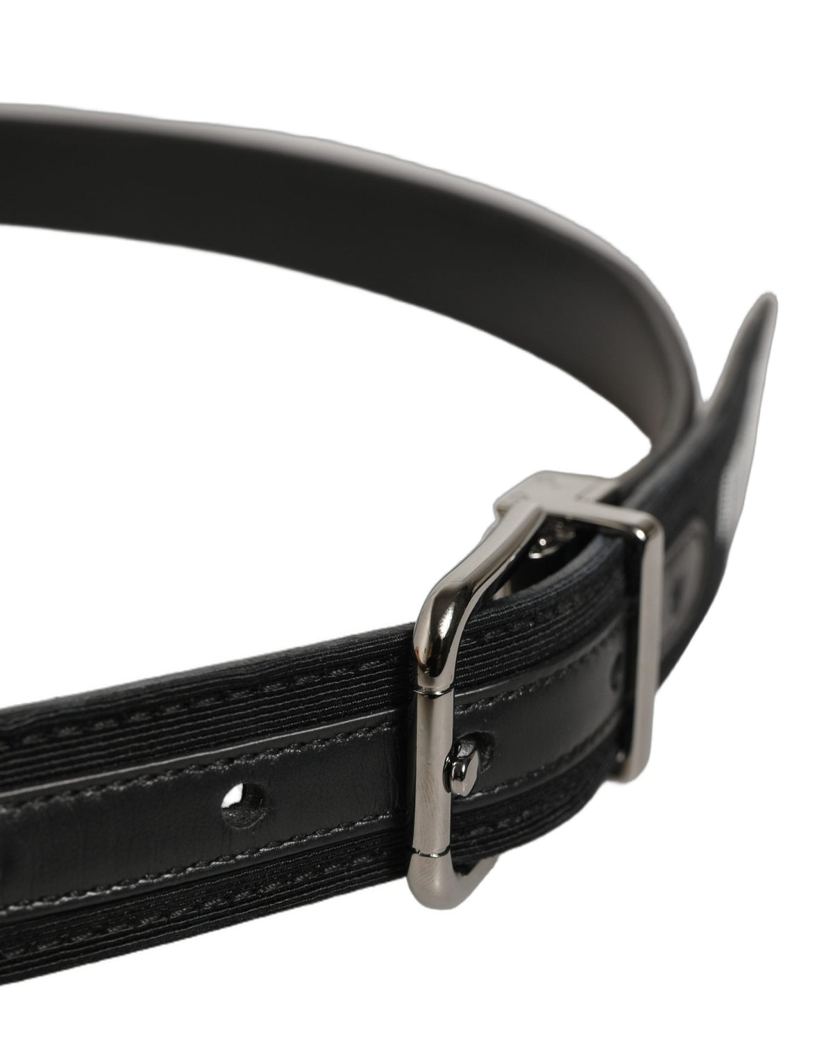 Dolce & Gabbana Black Fabric Leather Barcode Silver Buckle Belt