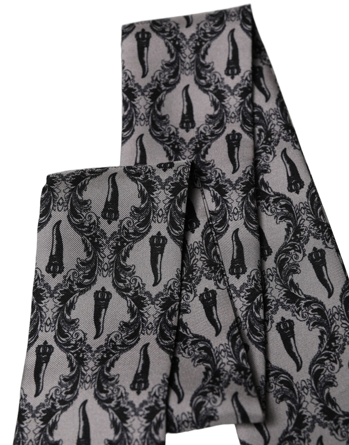 Dolce & Gabbana Gray Baroque Silk Fringed Skinny Foulard Scarf