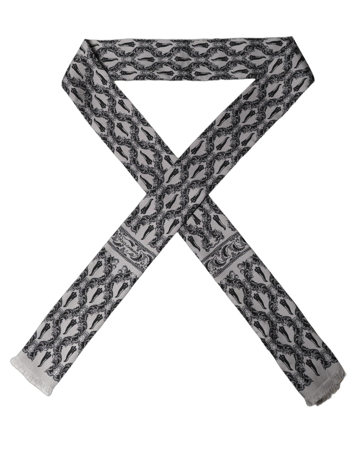 Dolce & Gabbana Gray Baroque Silk Fringed Skinny Foulard Scarf