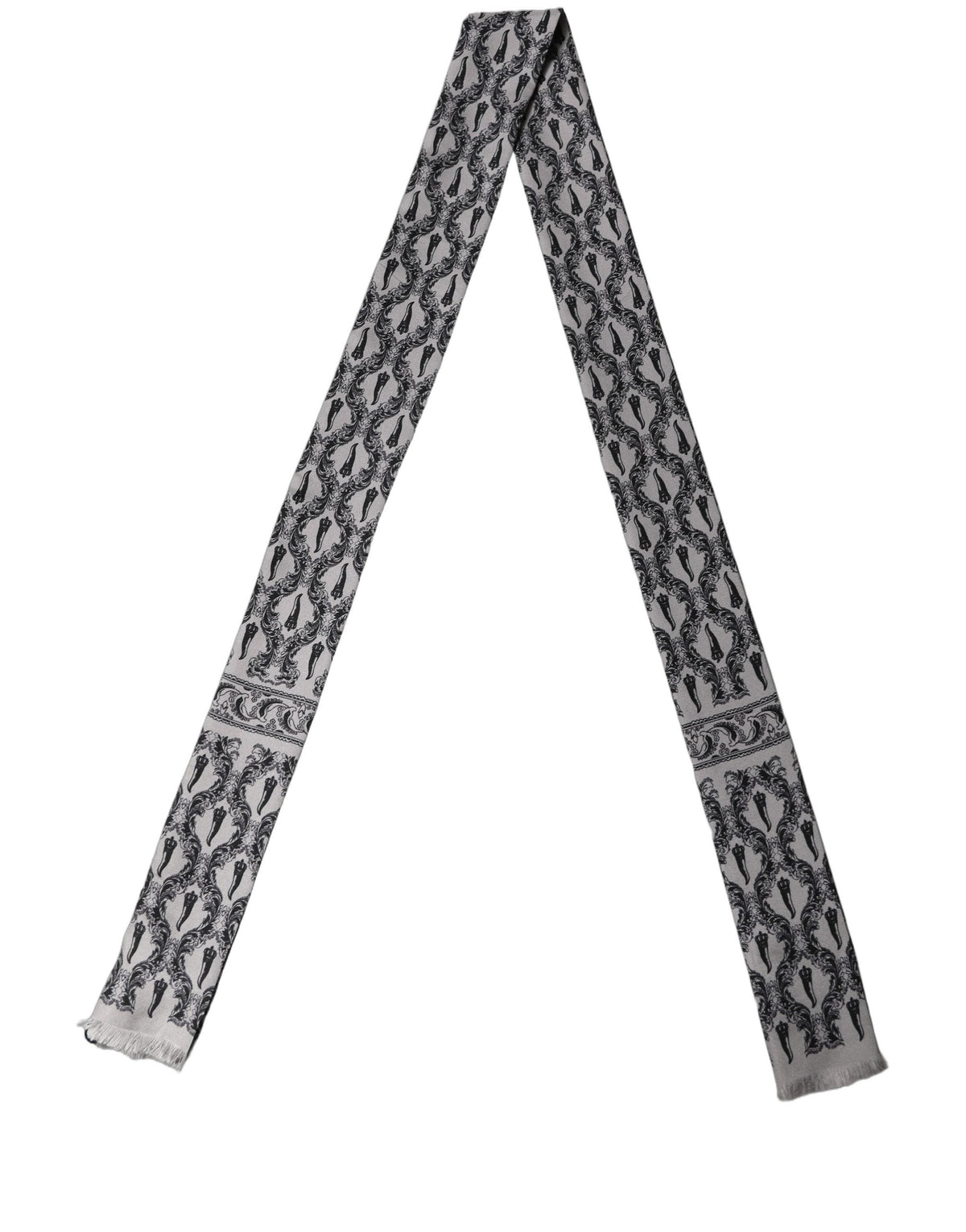 Dolce & Gabbana Gray Baroque Silk Fringed Skinny Foulard Scarf