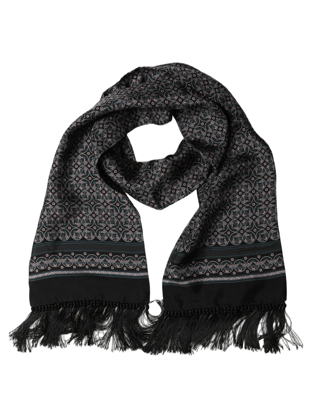 Dolce & Gabbana Black Silk Geometric Fringed Neck Shawl Scarf