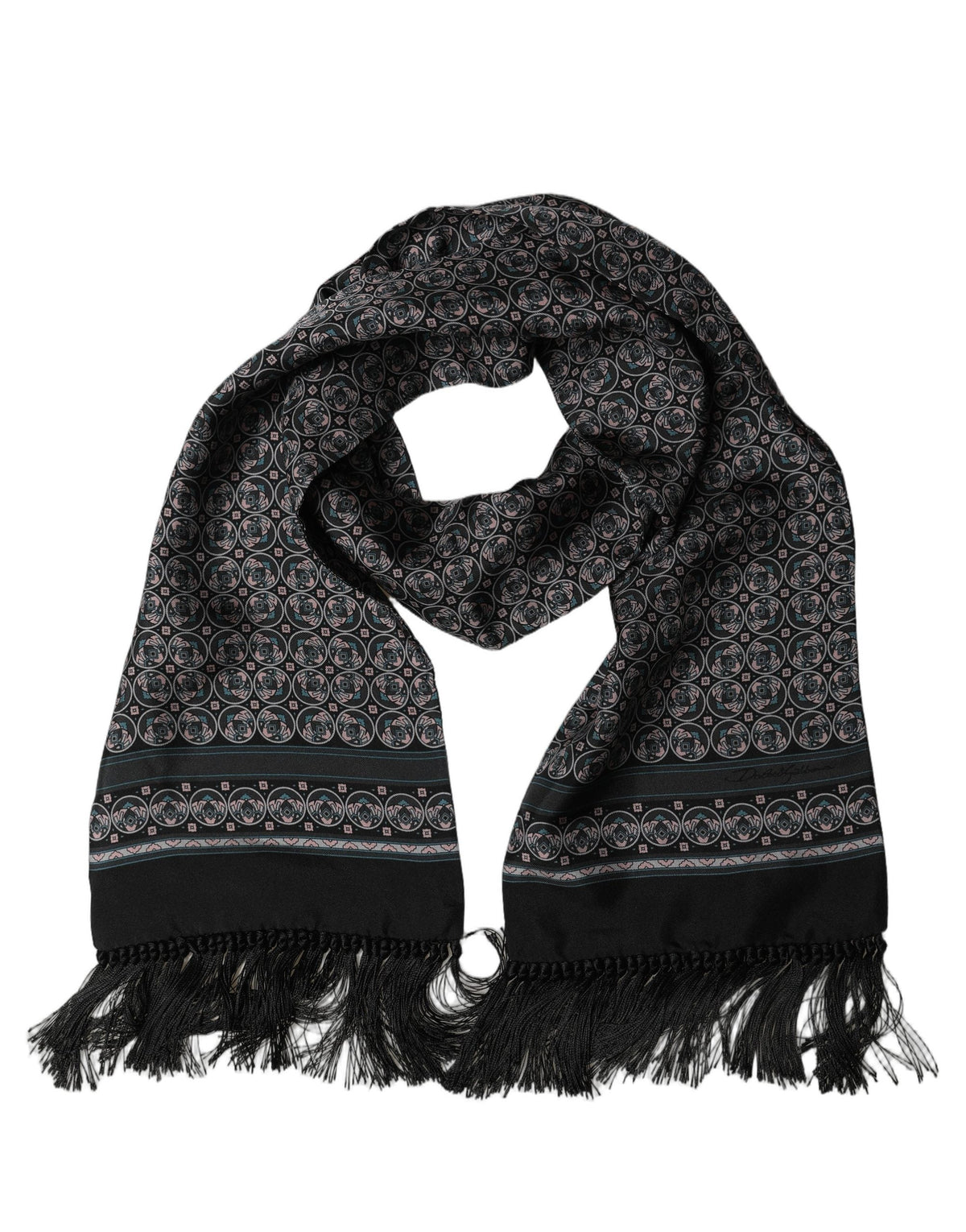 Dolce & Gabbana Black Silk Geometric Fringed Neck Shawl Scarf