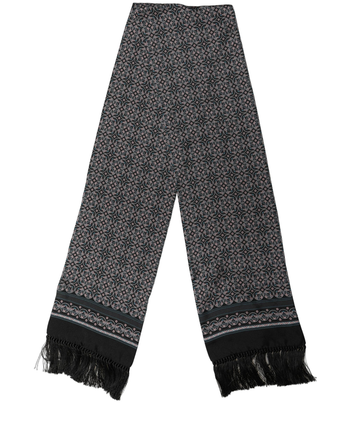 Dolce & Gabbana Black Silk Geometric Fringed Neck Shawl Scarf