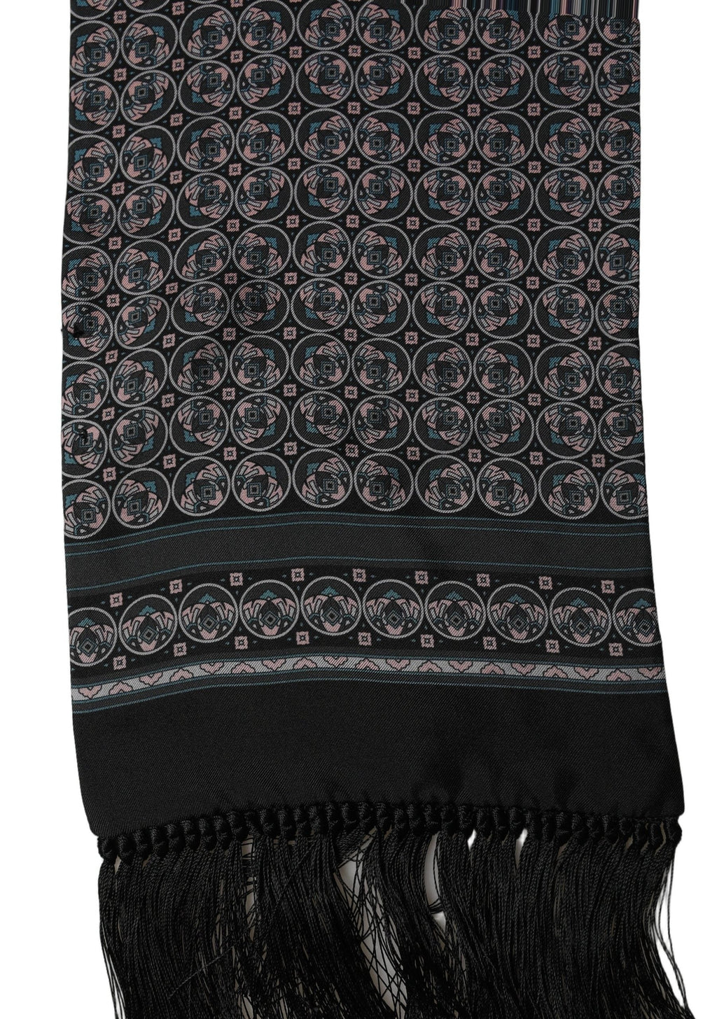 Dolce & Gabbana Black Silk Geometric Fringed Neck Shawl Scarf