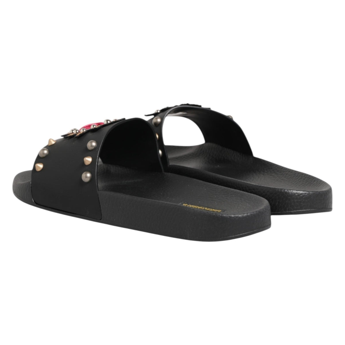 Dolce & Gabbana Black Heart Patch Rubber Calfskin Slippers Shoes