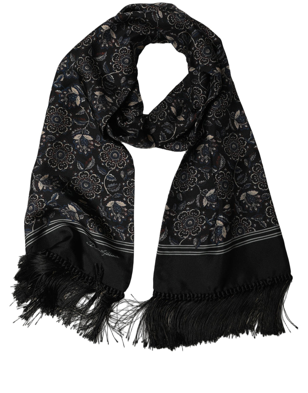 Dolce & Gabbana Black Silk Floral Paisley Fringed Shawl Scarf