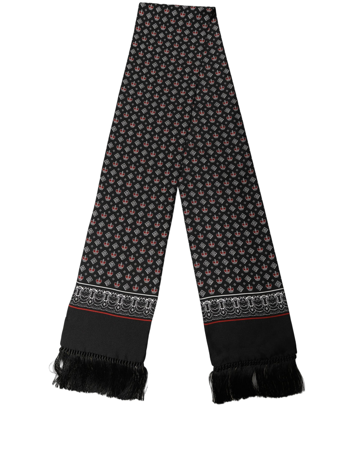 Dolce & Gabbana Black Silk Crown Fringed Neck Shawl Scarf