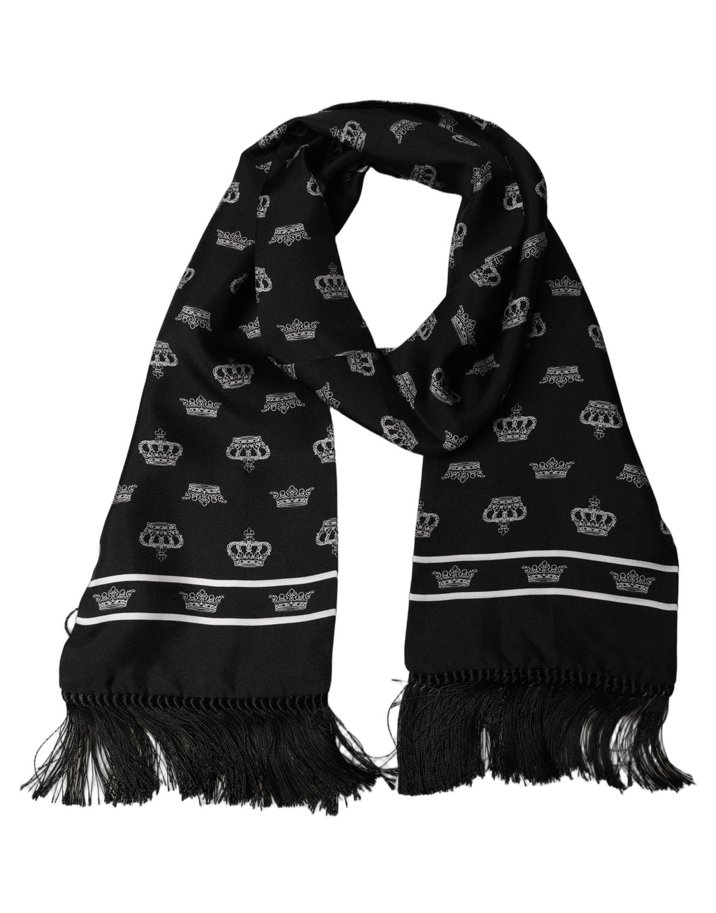 Dolce & Gabbana Black Silk Crown Fringed Neck Shawl Scarf