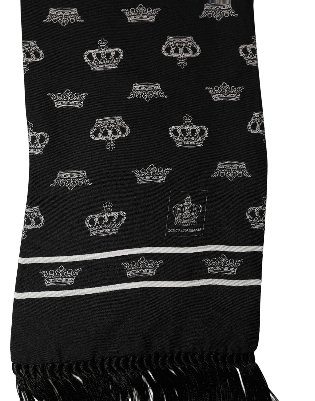 Dolce & Gabbana Black Silk Crown Fringed Neck Shawl Scarf
