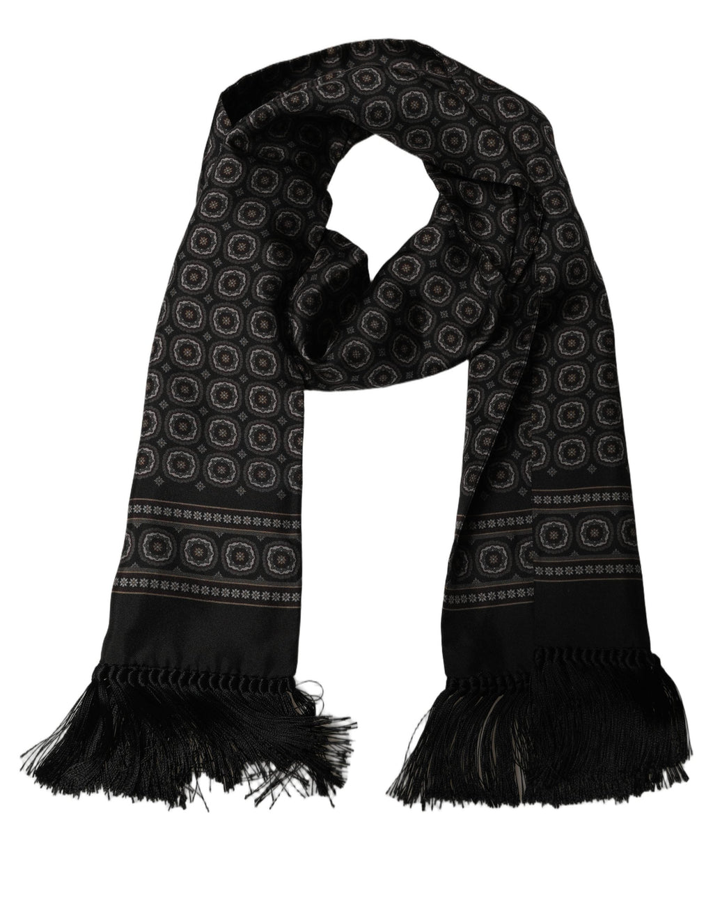 Dolce & Gabbana Black Silk Geometric Fringed Neck Shawl Scarf