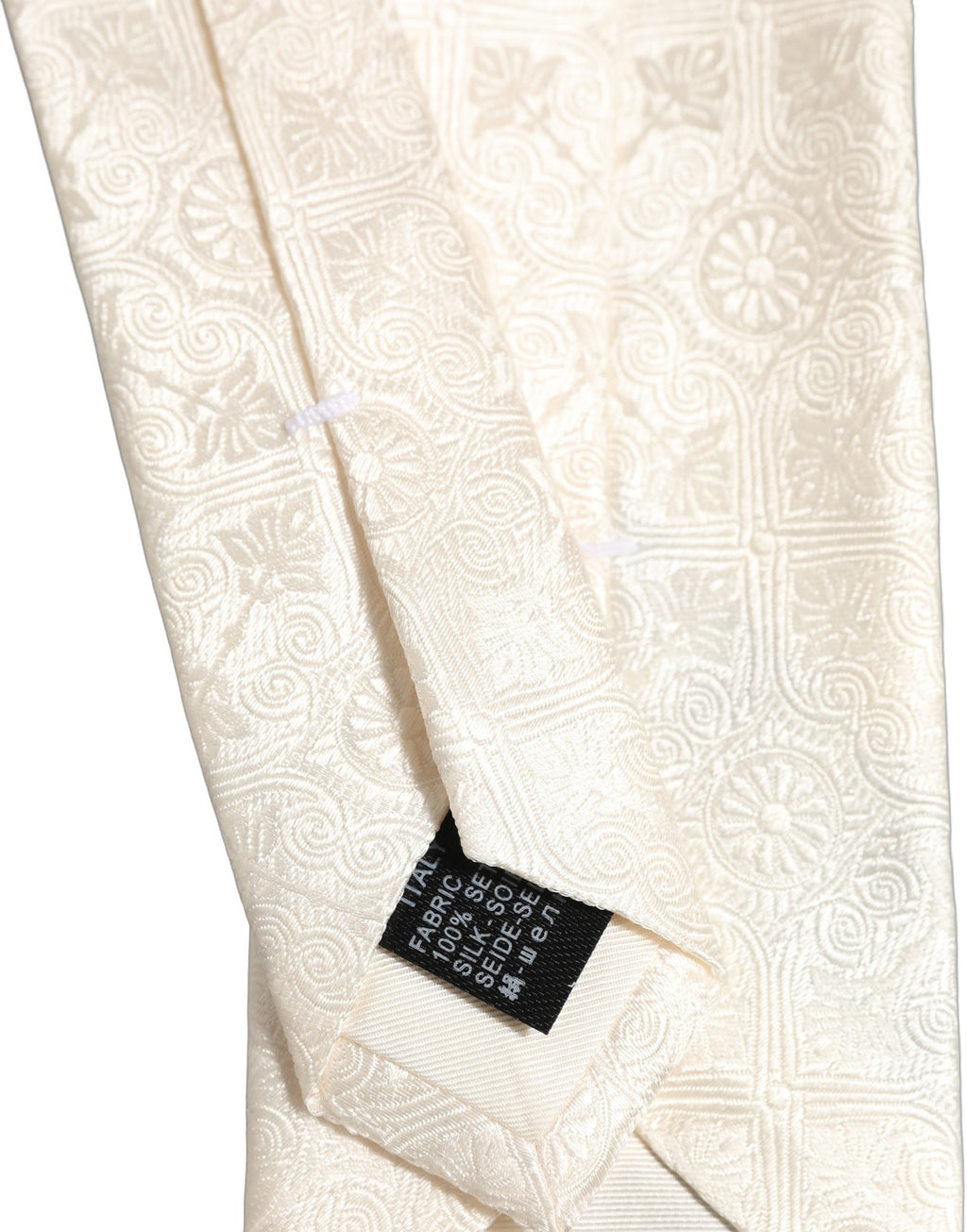 Dolce & Gabbana Off White Silk Damask Woven Adjustable Tied Necktie Tie