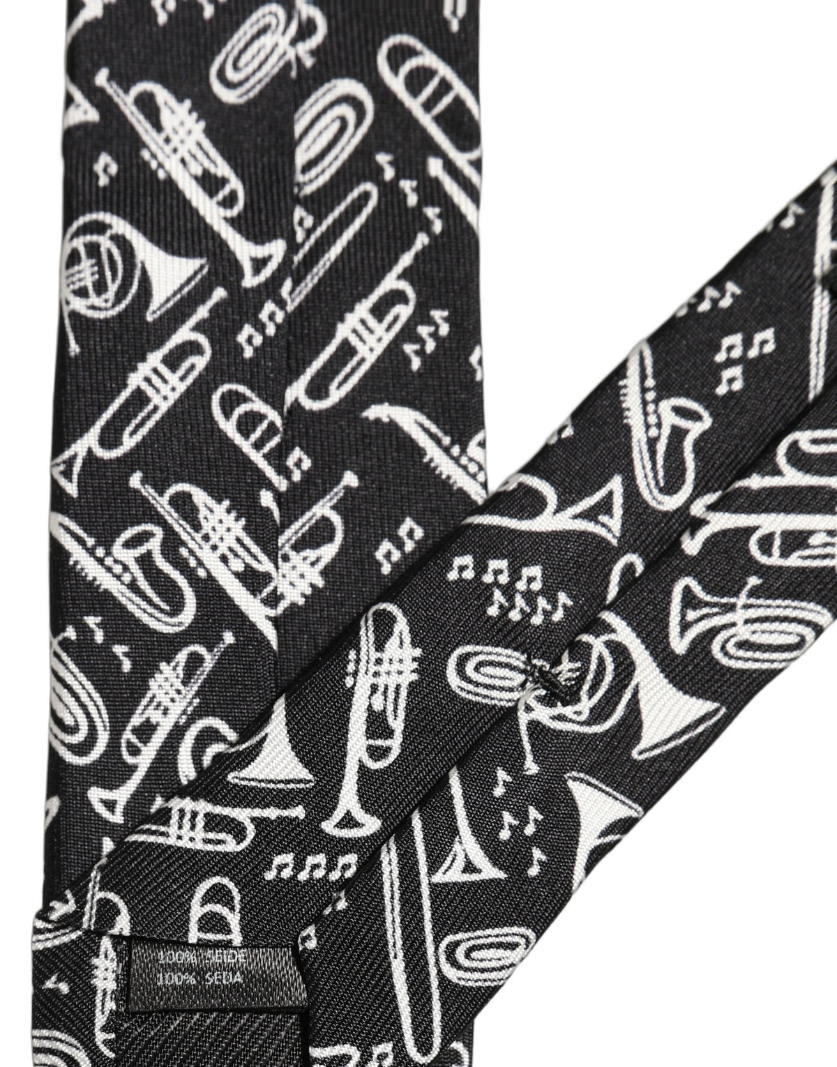 Dolce & Gabbana Black Musical Instrument Silk Adjustable Tied Necktie Tie