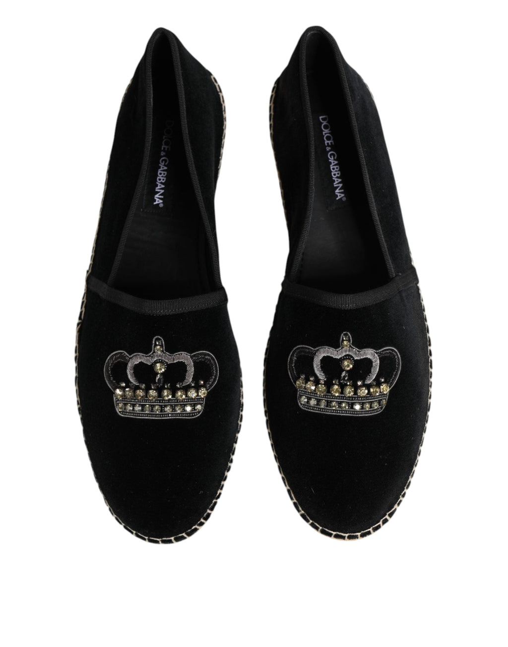 Dolce & Gabbana Black Embellished Crown Flat Espadrilles Shoes