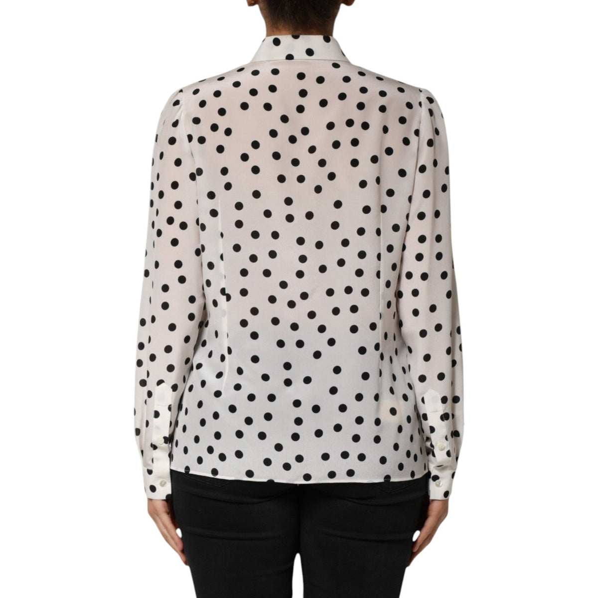 Dolce & Gabbana White Black Dotted Silk Long Sleeves Top