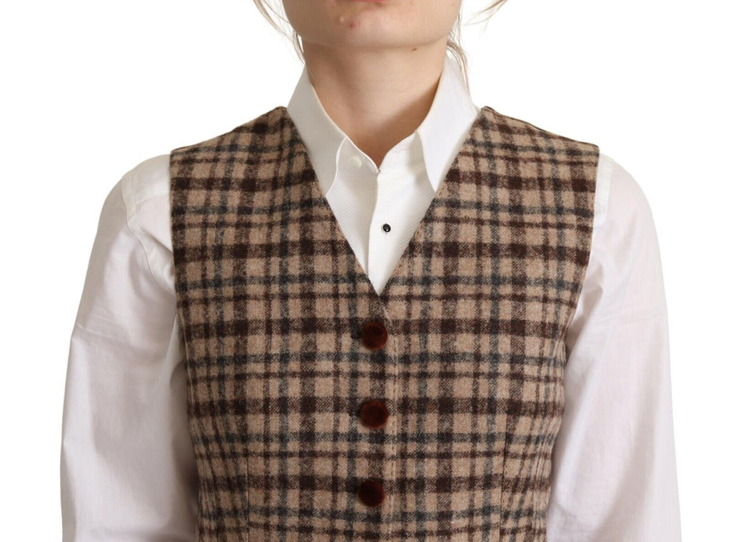Dolce & Gabbana Brown Checkered Leopard V-neck Sleeveless Vest Top