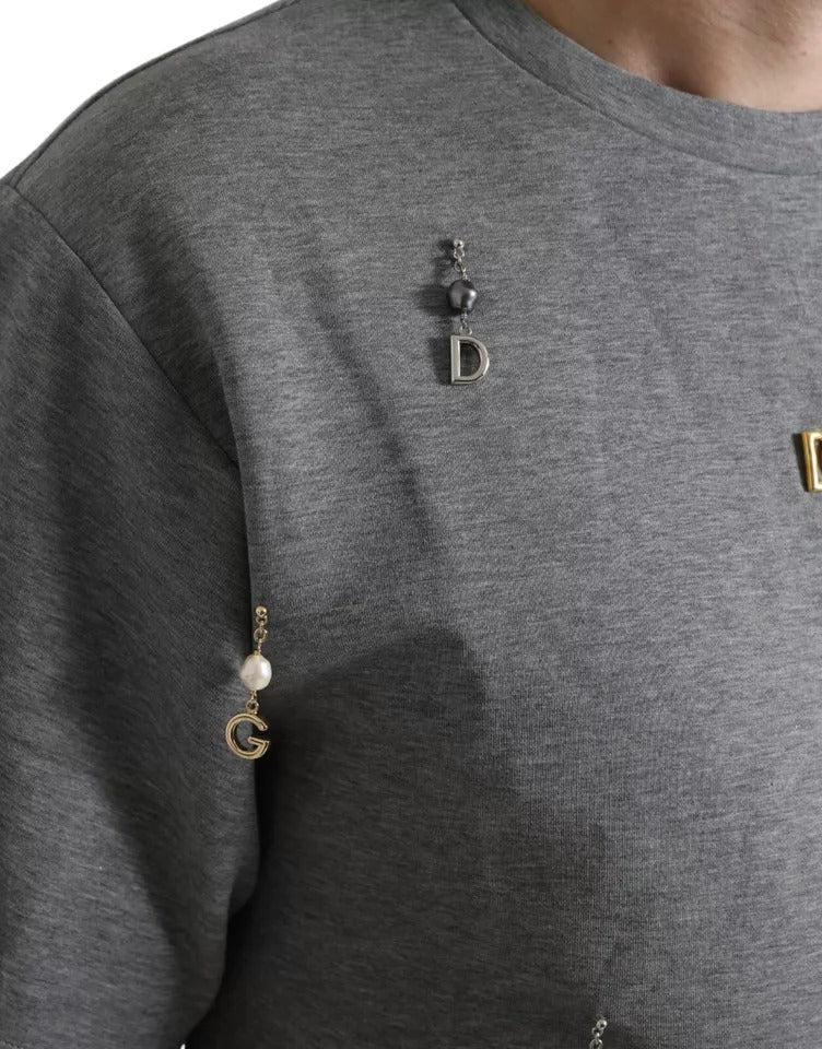 Dolce & Gabbana Gray Cotton Embellished Crew Neck T-shirt