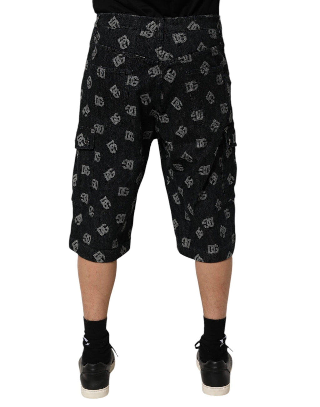 Dolce & Gabbana Black Monogram Denim Cargo Men Bermuda Short