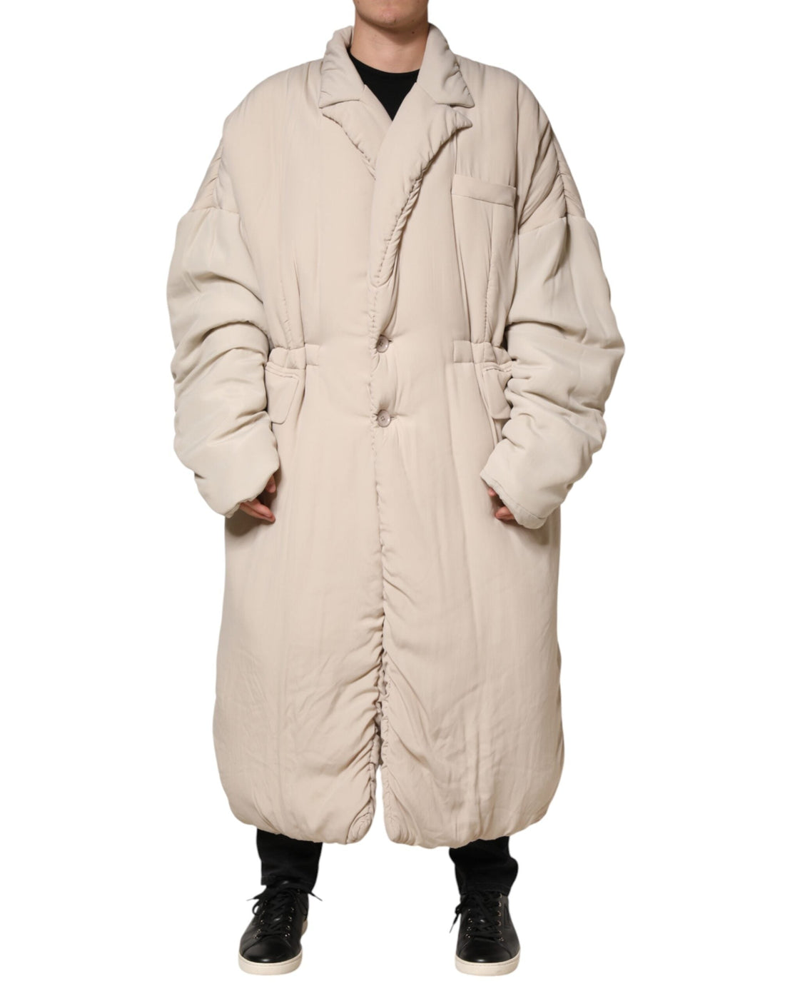 Dolce & Gabbana Beige Padded Collared Long Trench Coat Jacket