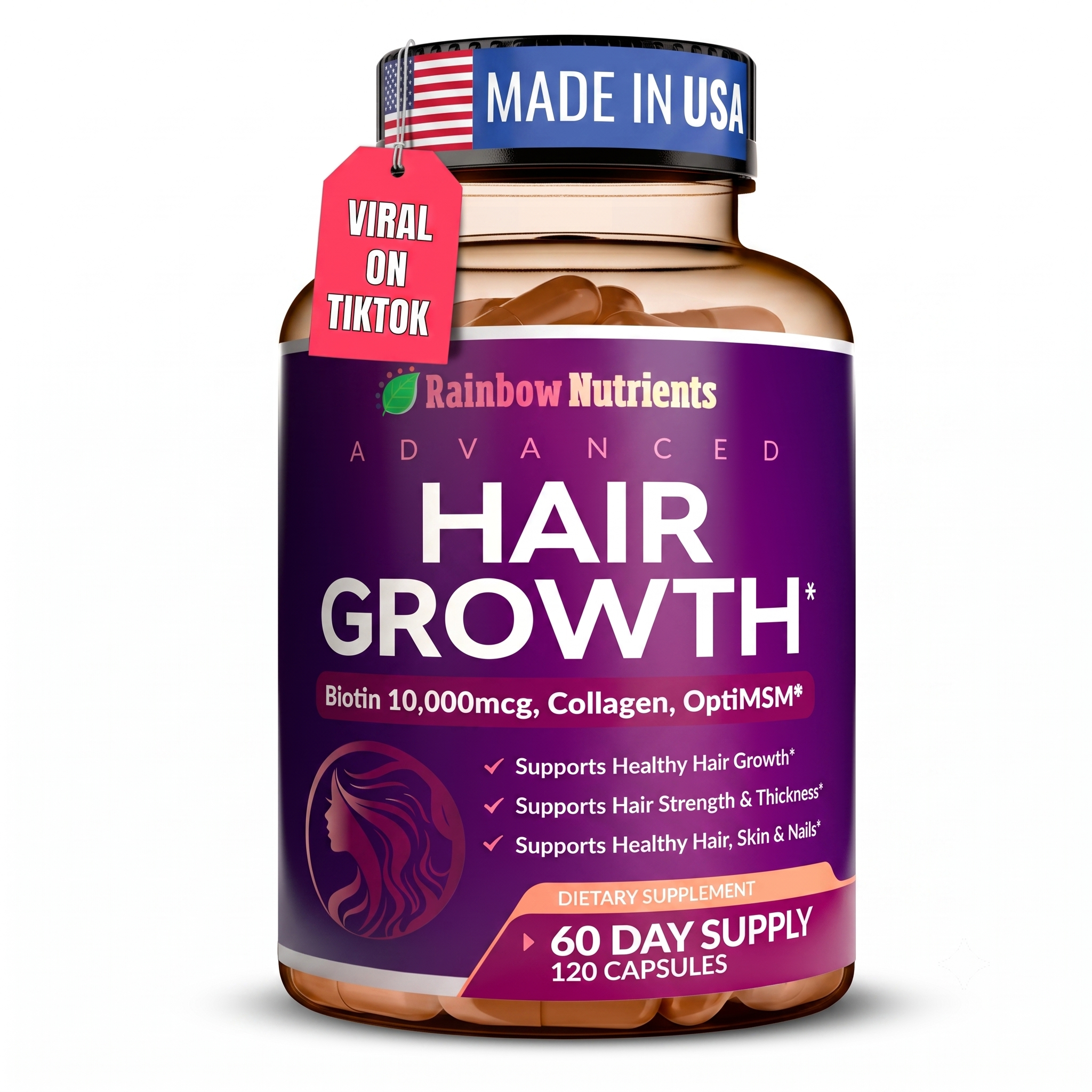 Rainbow Nutrients Hair Growth Vitamins Biotin Collagen 120 Capsules
