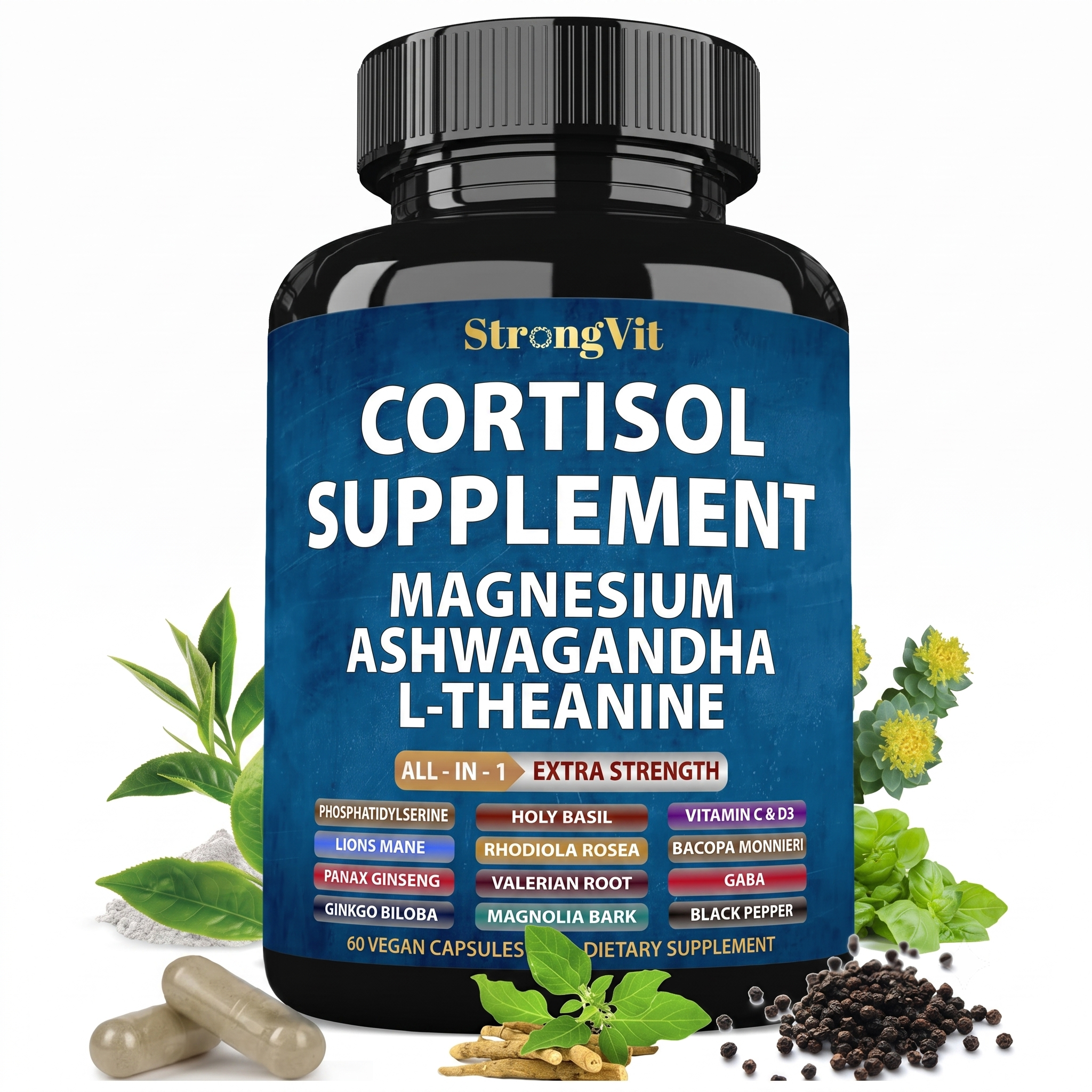 Cortisol Supplement Magnesium Glycinate L-Theanine Ashwagandha 60 Capsules