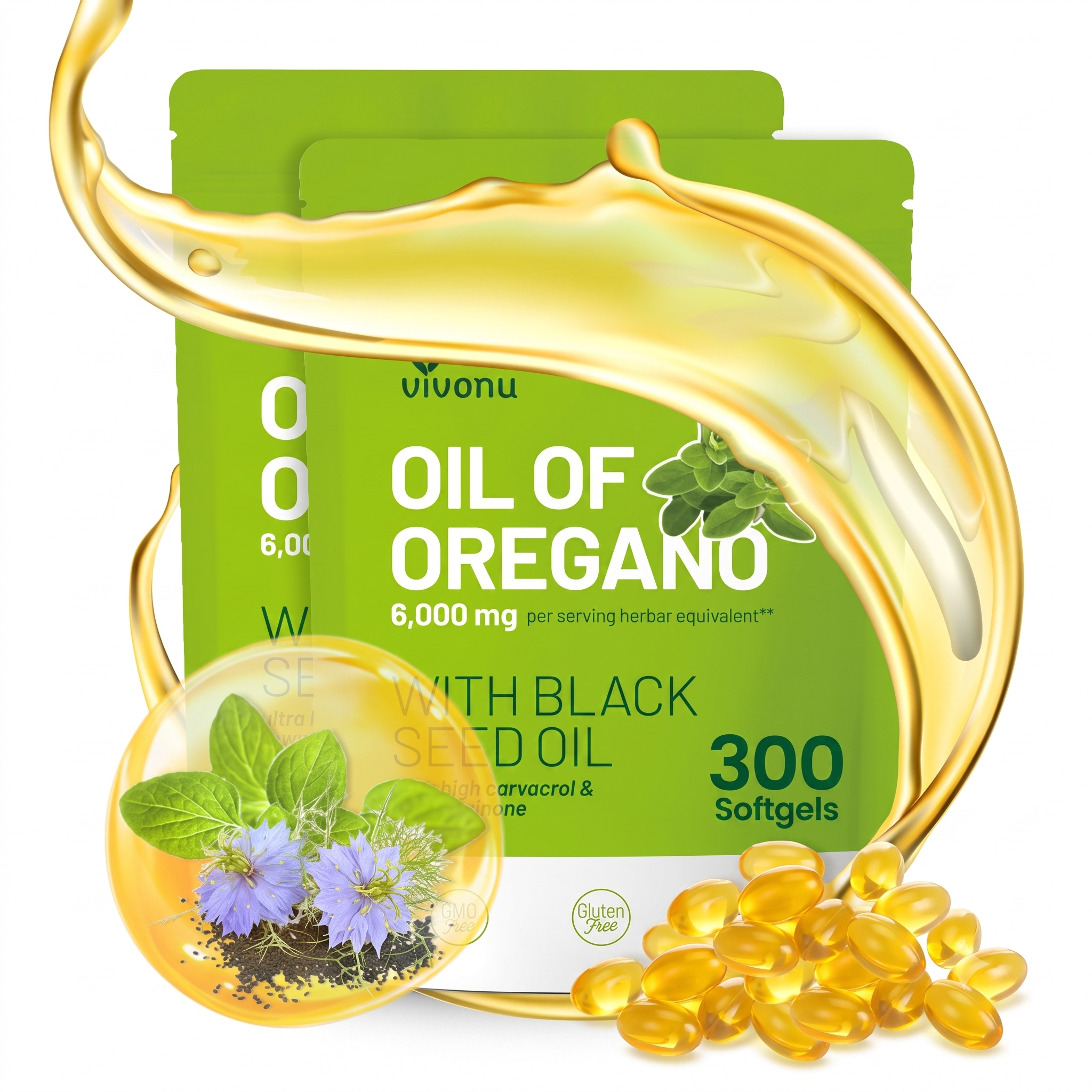 VIVONU Oil of Oregano with Black Seed Oil 300 Capsules
