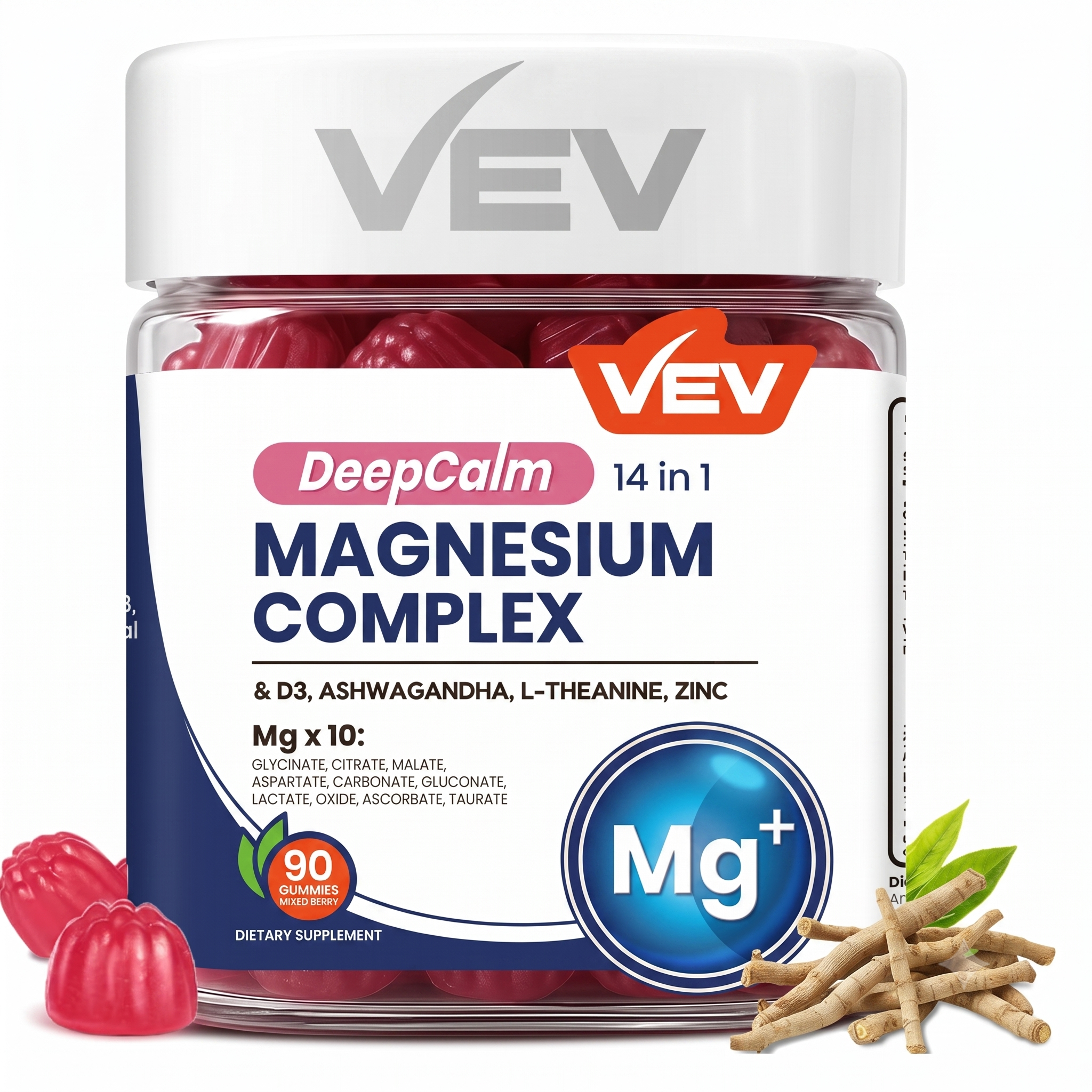 VEV Magnesium Citrate Glycinate Gummies with D3 90 Count